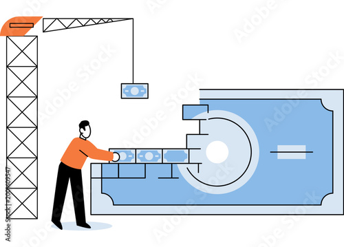 Construction man building a giant banknote with a crane vector illustration. Wealth growth financial planning capital development investment banking success Worker assembling a currency note