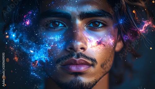 Cosmic Portrait of a Man with Galaxy Overlay.