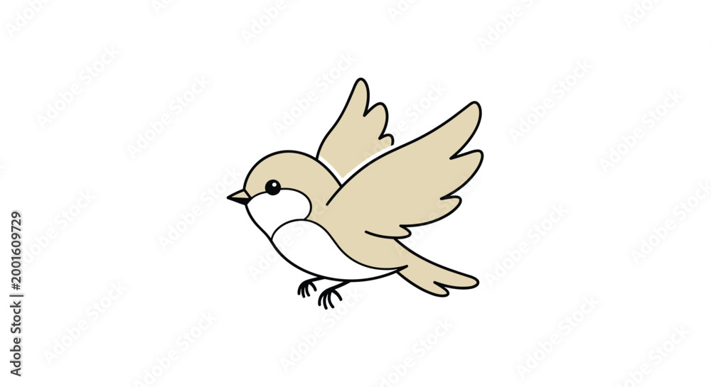 Fototapeta premium Cute and simple illustration of a small tan and white bird flying with its wings spread open against white.