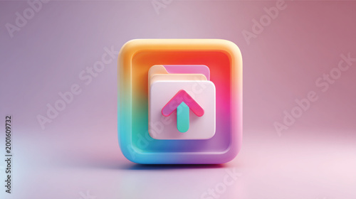 Rainbow 3D File Folder Icon With Upload Arrow On Gradient Background For Digital Storage Concepts