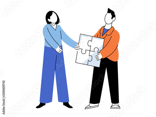 Two colleagues connecting puzzle pieces together vector illustration Teamwork strategy problem solving cooperation partnership joint project Office workers joining parts