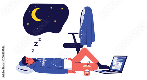 Sleeping woman, working late, night office, exhausted employee, business vector