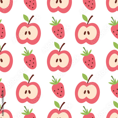 Seamless pattern with apple slice and strawberry in doodle style