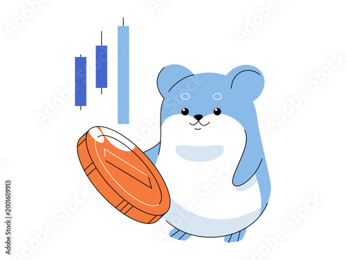 Blue hamster holds an orange coin beside a stock chart vector illustration. Crypto trading, finance, digital assets, investing, income, meme growth. Furry rodent clutching a round money token