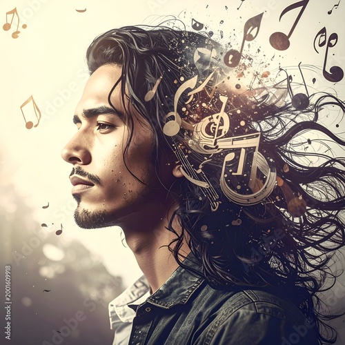 Portrait of a musician with flowing hair and musical notes.