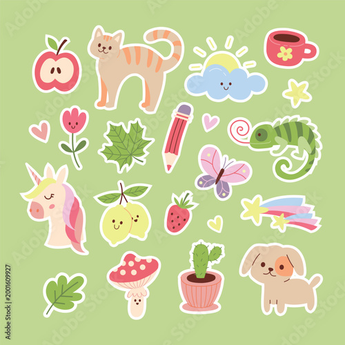 Kawaii sticker pack with cute animal and nature doodle element