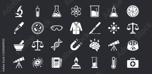 Science and laboratory icons set for medical research and STEM education user interface design