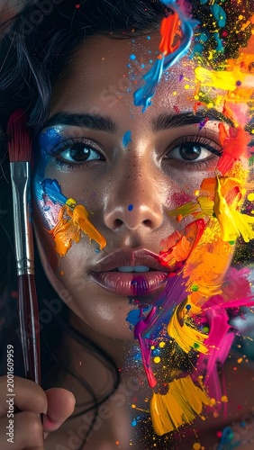 Portrait of a Woman with Colorful Face Paint and Brush Strokes.