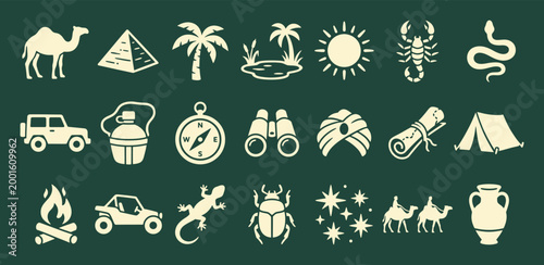 Desert safari flat vector icon set for travel adventure and tourism branding
