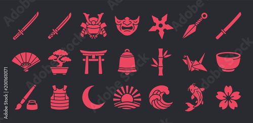 Japanese Warrior Culture Red Flat Vector Icon Set for Game Development