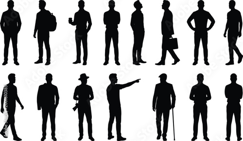 Collection of male silhouettes in various poses and activities, standing and walking.