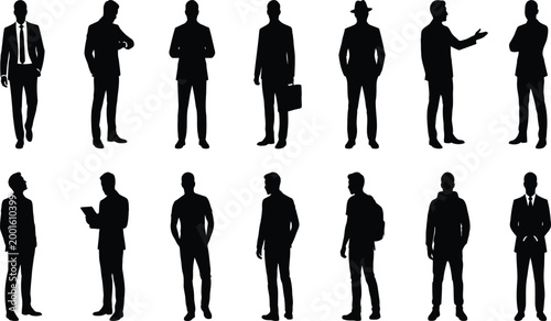 Businessmen silhouettes in suits with briefcases and watches standing and walking.