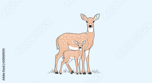 Mother deer standing protectively next to her small spotted fawn in a gentle nature illustration set against a light blue background.