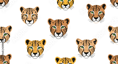 Seamless pattern of cheetah heads with golden fur and black spots on a white background, perfect for wild animal-themed textile designs.