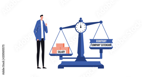 Business, salary, and experience balance, vector illustration of a man with a scale comparing money and skills