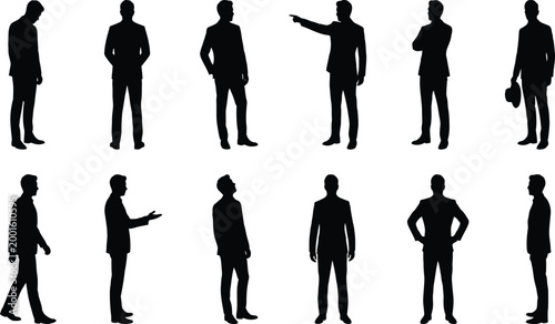 Set of black silhouettes of business men in suits standing in various poses isolated on a transparent background vector.