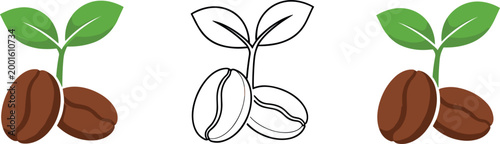 Coffee Bean with Green Leaf Sprout Icon Set in Color and Outline Style for Cafe, Beverage, and Organic Product Designs