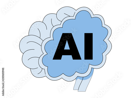 Human brain with AI letters in a blue cloud vector illustraton. Machine learning, neural networks, digital logic, future tech, robotics, automation. Cerebral organ with smart system