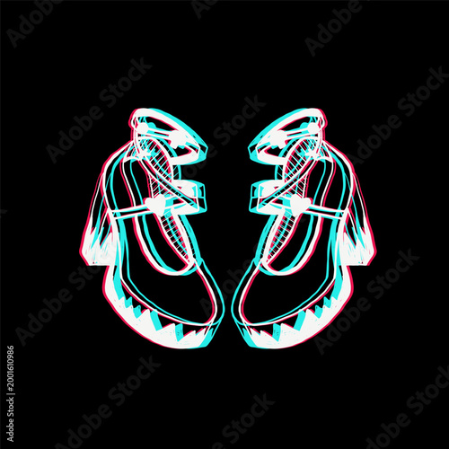 Mary Jane shoes vector illustration in symmetrical glitch style. Pair of trendy coquette footwear on black background with neon chromatic aberration. Modern edgy aesthetic for fashion apparel and digi