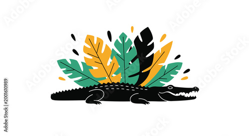 Black crocodile or alligator silhouette lying beneath vibrant tropical leaves, creating a bold and stylized jungle-themed illustration.