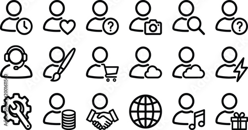 Set of 20 vector line icons related to user profiles, business, web interfaces, and various online interactions.