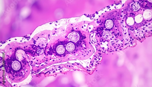 Microscopic View of Fungal Spores in Biological Tissue Sample.