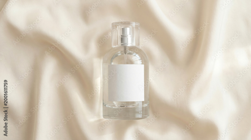 Naklejka premium A perfume bottle sits on a wrinkled beige fabric surface indoors.