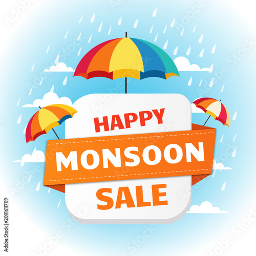 Happy monsoon sale banner with colorful umbrellas and raindrops flat vector illustration for rainy season discount promotion