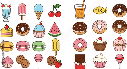 Set of colorful sweet dessert icons including donut cupcake macaron icecream popsicle milkshake chocolate cherry and lollipop isolated on white background cartoon vector illustration