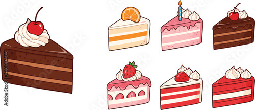 Set of delicious layered cake slices with various flavors including chocolate orange pink strawberry and red velvet isolated on white background cartoon vector illustration