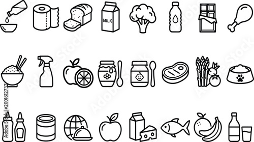 Supermarket food items and kitchenware outline icons set representing healthy eating cooking ingredients daily supplies.