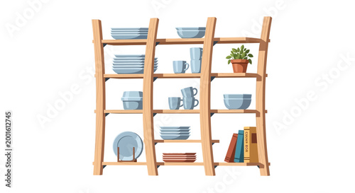 Wooden shelf with dishes, books and potted plant
