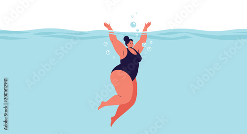 Curvy woman in a dark swimsuit floats peacefully in blue water with bubbles rising, depicted in a soft and body-positive flat illustration.