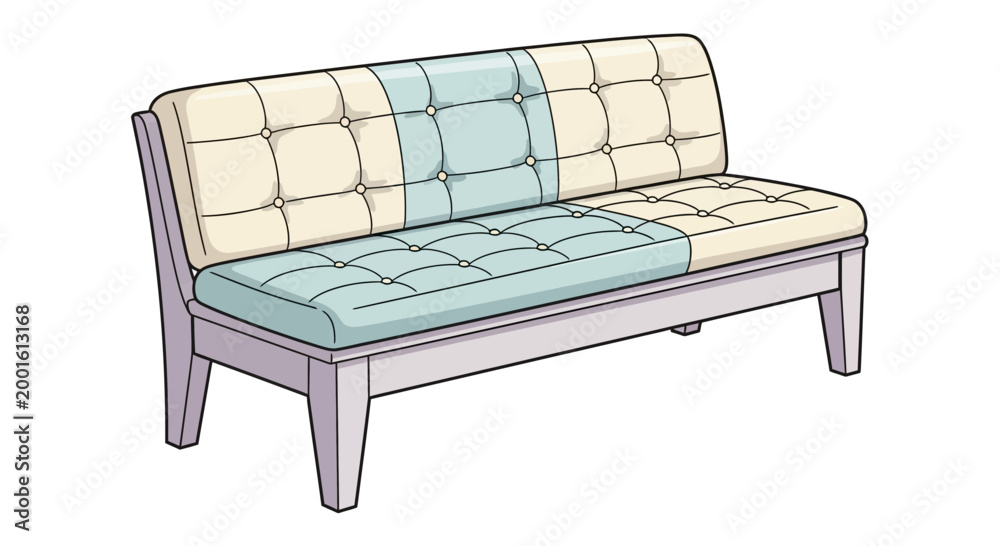 Obraz premium Modern tufted sofa with cream and light blue upholstery, isolated on white background.