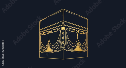 Golden Kaaba Outline on Dark Background - Islamic Architecture, Mecca