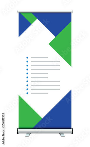 Roll-up banner stand template with abstract blue and green geometric design.