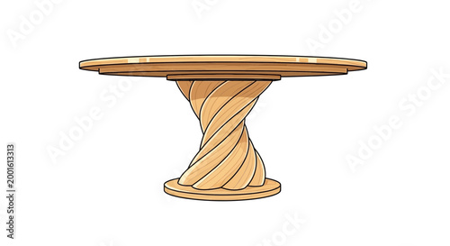 Ornate wooden dining table with twisted pedestal base, isolated on white.