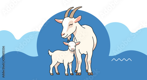 Tender illustration shows a mother goat standing with her small kid against a blue landscape, celebrating maternal bonds in nature.