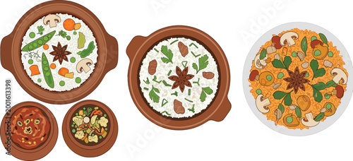 Set of aromatic rice dishes served in clay pots and plates with vegetables mushrooms star anise and spices isolated on white background vector illustration
