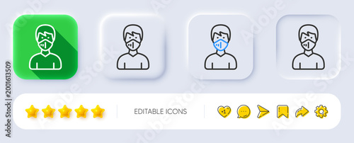 Man with medical mask line icon. Neumorphic, Flat shadow, 3d buttons. Safety breathing respiratory mask sign. Coronavirus face protection symbol. Line medical mask icon. Social media icons. Vector