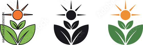 Plant with Sun Growth Icon Set in Color, Black, and Outline Style for Agriculture, Ecology, and Nature Concept Designs