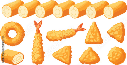 Set of crispy golden fried snacks including tempura shrimp onion rings nuggets mozzarella sticks and triangular pieces isolated on white background vector illustration