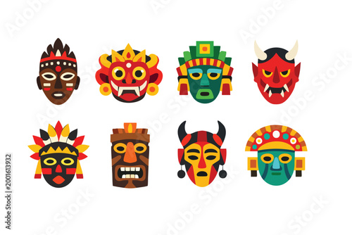 Set of Traditional Cultural Masks Icons from Different Ethnic Tribes and Civilizations