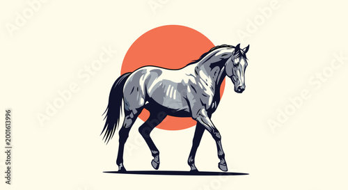 Stylized graphic illustration of a noble grey horse walking elegantly in front of a large vibrant orange sun on a cream background.