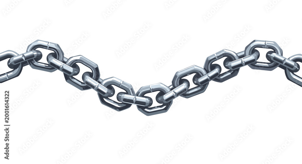 Fototapeta premium A metallic industrial chain with interlocking hexagonal links forms a wavy pattern against a clean white background, demonstrating strength and durability with realistic reflection
