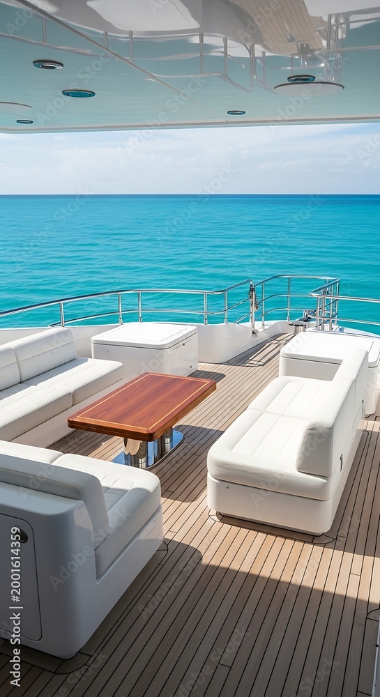 Fototapeta premium Luxury yacht deck with white seating and wooden table overlooking turquoise ocean waters on a sunny day