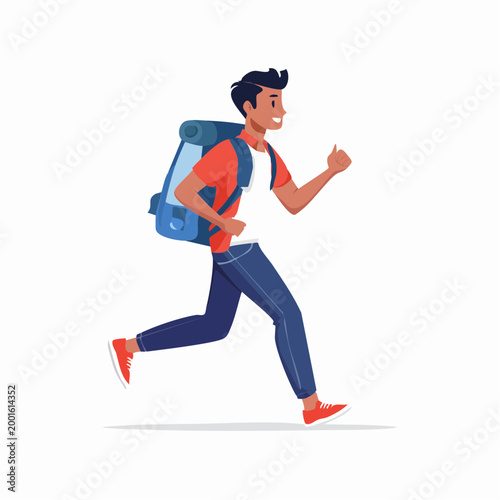 Man with Backpack Running and Giving Thumbs Up