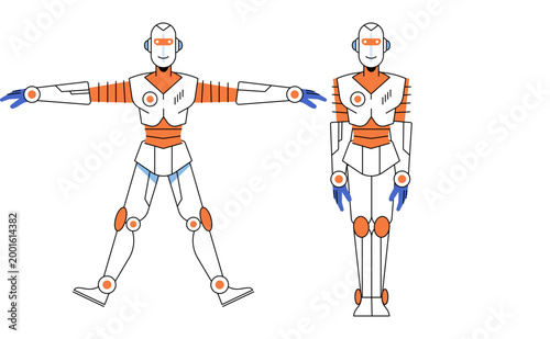 Two robotic characters in white and orange colors vector illustration. Artificial intelligence, gaming, character design, technology, robotics, scifi. Futuristic mechanical beings
