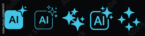 Set of blue artificial intelligence icons with star elements showing technological innovation for digital app development.