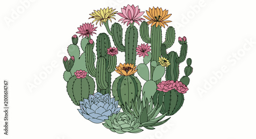 Assortment of blooming cacti and succulents arranged in a circular pattern